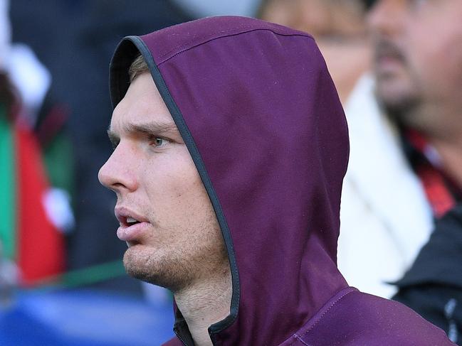 Tom Trbojevic of the Sea Eagles watches on from the stands during the Round 17 NRL match between the South Sydney Rabbitohs and the Manly Sea Eagles at ANZ Stadium in Sydney, Saturday, July 13, 2019. (AAP Image/Dan Himbrechts) NO ARCHIVING, EDITORIAL USE ONLY