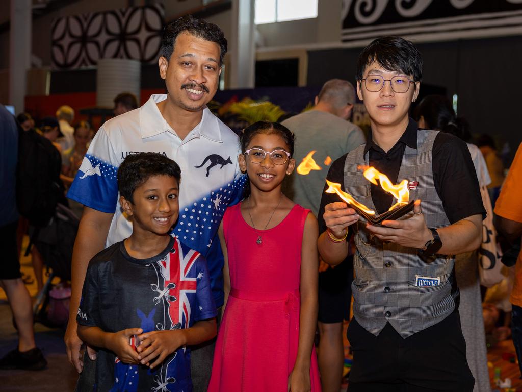 Aaron Pillai, Anna Ananda, Ananda Thuraiveerasingam and Magician David Lim at the Festival of Us, held at the Marrara Indoor Stadium on Australia Day, January 26, 2025. Picture: Pema Tamang Pakhrin