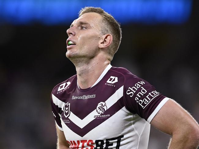 TOWNSVILLE, AUSTRALIA - JULY 06: Tom Trbojevic of the Sea Eagles loduring the round 18 NRL match between North Queensland Cowboys and Manly Sea Eagles at Qld Country Bank Stadium, on July 06, 2024, in Townsville, Australia. (Photo by Ian Hitchcock/Getty Images)