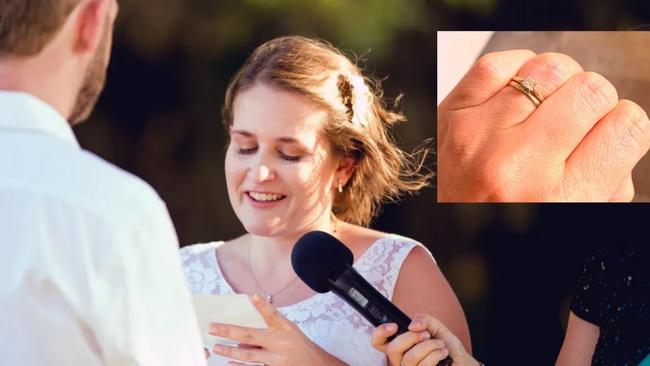 Image: Carli at her wedding, and the ring she no longer needs.