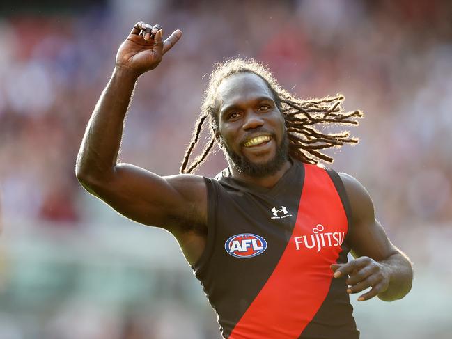 AFL Round 7. 02/05/2021.   Essendon vs Carlton at the MCG, Melbourne.  Anthony McDonald-Tipungwuti of the Bombers  celebrates his 2nd goal during the 1st qtr.    . Pic: Michael Klein