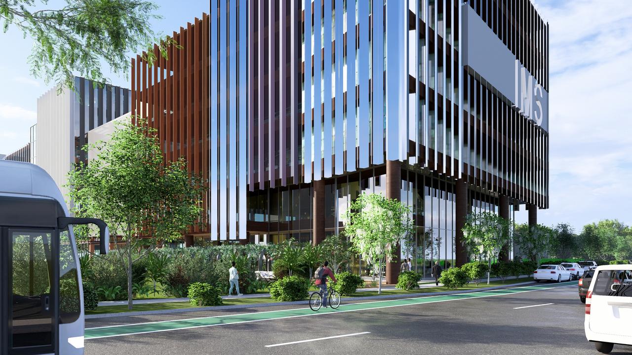 A rendered image of Integrated Medical Services' (IMS) new Cairns private hospital, to built on land owned by JCU at the Far North Health Innovation Precinct accompanying the Cairns Tropical Enterprise Centre. Visualisation by:Peddle Thorp Architects.