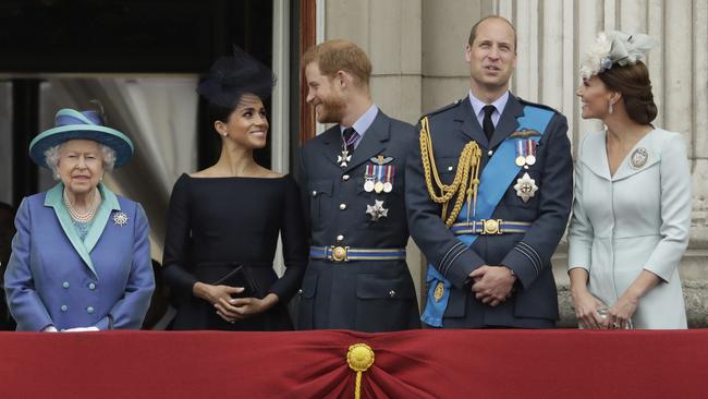 Split … (from left) Britain’s Queen Elizabeth II, Meghan the Duchess of Sussex, Prince Harry, Prince William and Kate, Duchess of Cambridge. Picture: AP