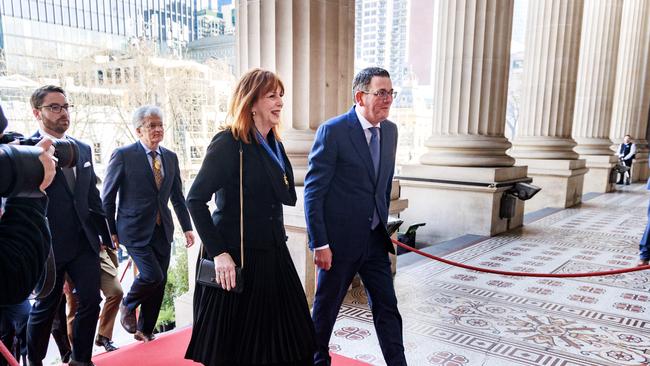 Victoria’s new Governor, Margaret Gardner, with Premier Daniel Andrews at Parliament House in Melbourne. Picture: NCA NewsWire / David Geraghty