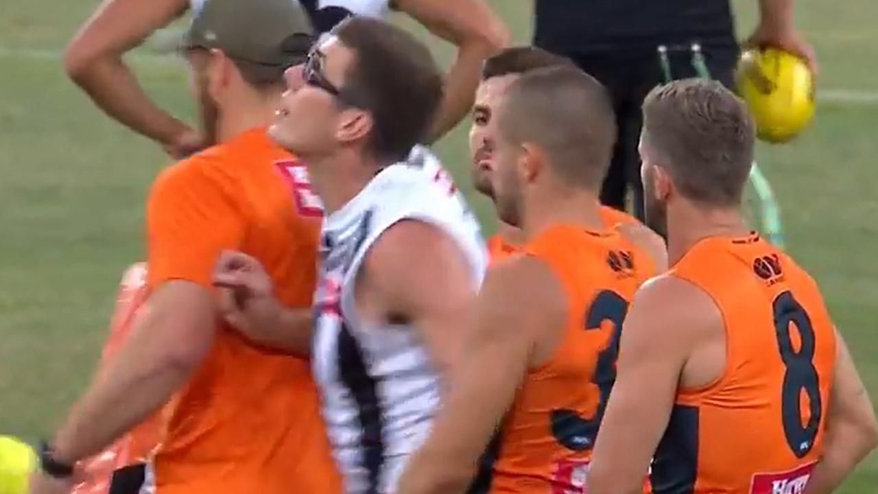 Mason Cox appeared to interfere in GWS’ warm-up.