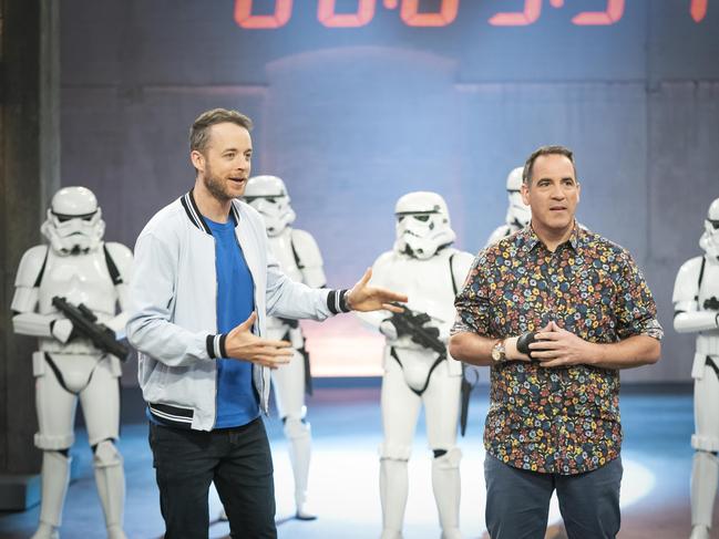 LEGO Masters host Hamish Blake and judge Ryan 'Brickman' McNaugh. Supplied: Channel 9.