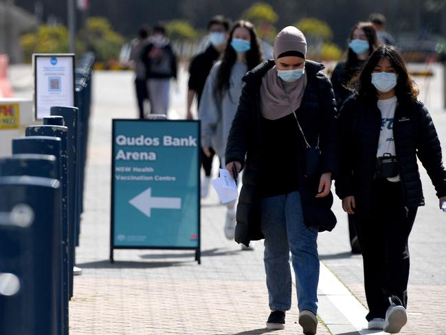 Students arrive to get vaccinated in Sydney. Picture: AFP