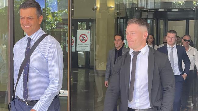 NRL gun Tom Starling (right) with his lawyer Samar Singh-Panwar outside Downing Local Court on February 10, 2023, after a charge of hindering police was dropped. Picture: Alexi Demetriadi