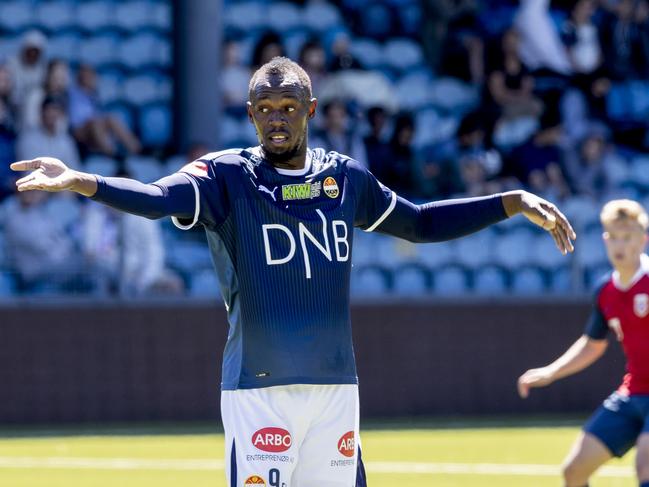 Usain Bolt during the friendly between Stromsgodset and Norway's U19 team. Picture: AFP