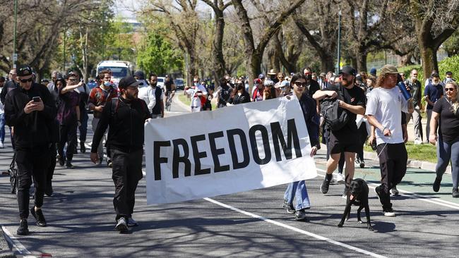 Anti-lockdown and anti-vaccination protest near the Botanic Gardens in Melbourne. Picture: Alex Coppel