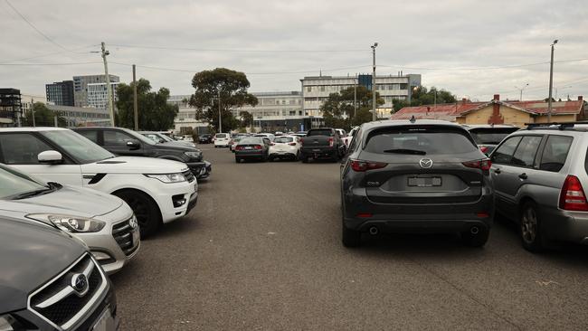 Geelong Train Station carpark is full early each weekday, with some motorists parking in areas which blocks thoroughfares. Picture: Alison Wynd