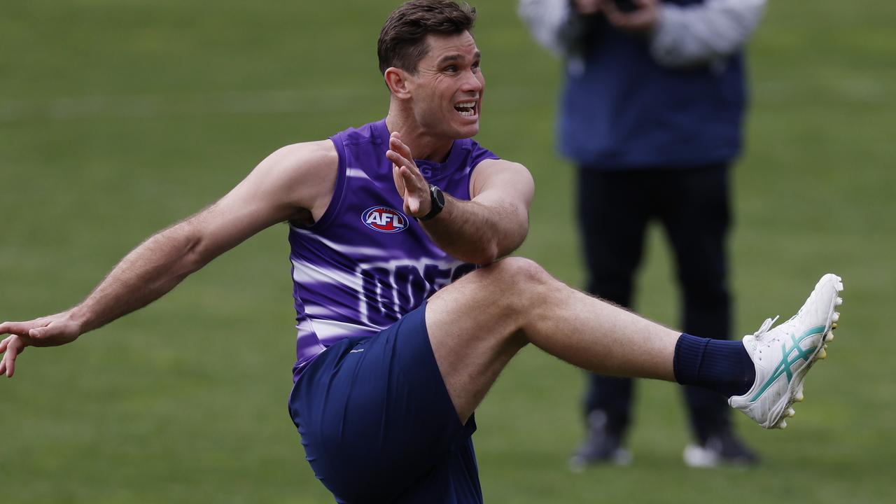 Dangerfield suggested it was unlikely champion forward Tom Hawkins would be recalled for Saturday’s preliminary final against Brisbane. Picture: Michael Klein