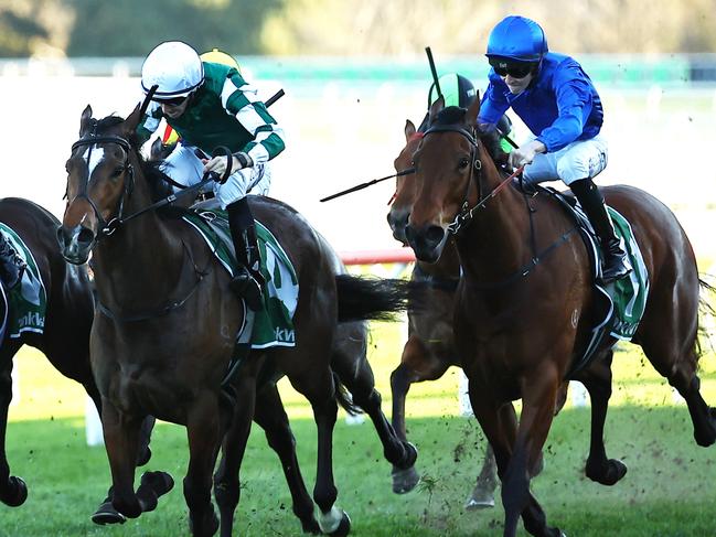 SYDNEY, AUSTRALIA - AUGUST 24: Jason Collett riding Kimochi wins Race 9 James Squire Toy Show Quality during Winx Stakes Day - Sydney Racing at Royal Randwick Racecourse on August 24, 2024 in Sydney, Australia. (Photo by Jeremy Ng/Getty Images)