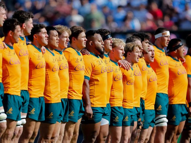 Players of Australia sing their national anthem before the Rugby Championship match between Argentina and Australia at Brigadier General Estanislao Lopez Stadium in Santa Fe, Argentina on September 07, 2024. (Photo by GERONIMO URANGA / AFP)