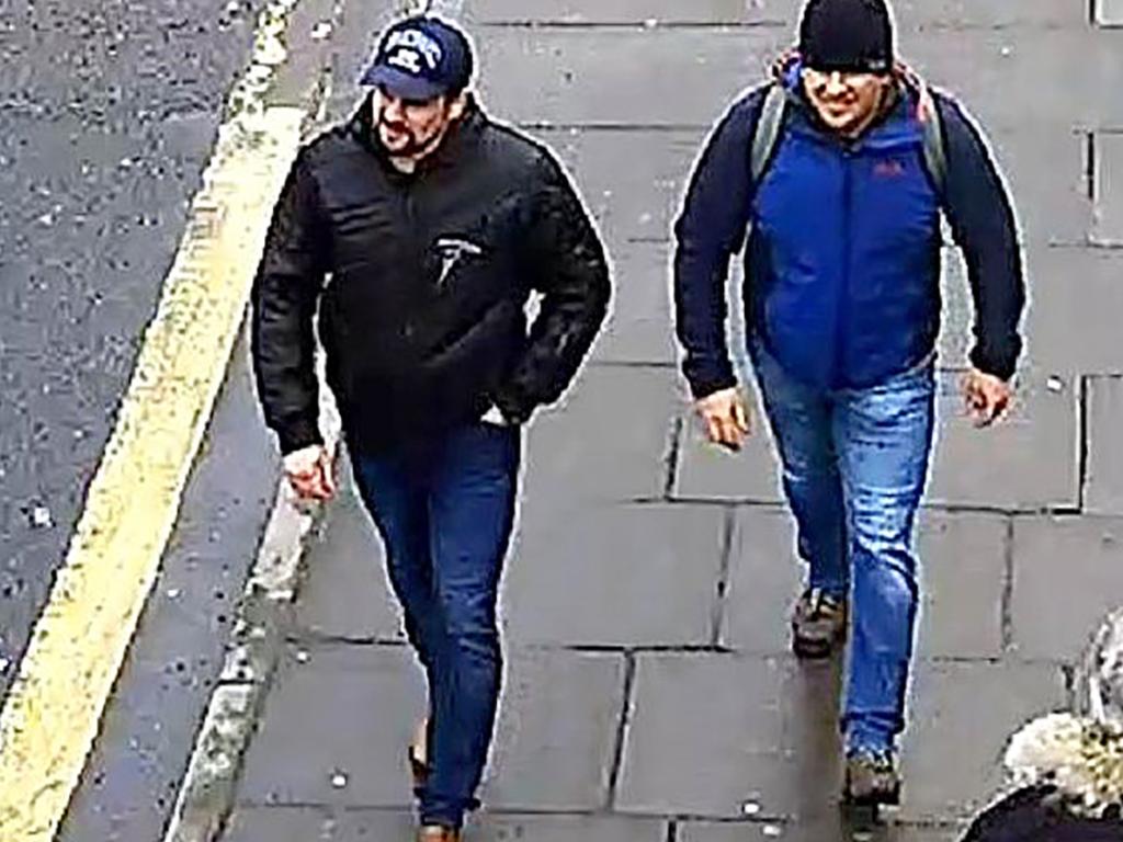 Alexander Petrov (R) and Ruslan Boshirov are wanted by British police in connection with the nerve agent attack on former Russian spies the Skripals. Picture: AFP