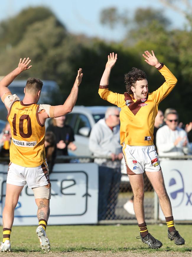 Drysdale's Tom Ruggles and Jake Hargreaves celebrate a late goal. Picture: Alan Barber