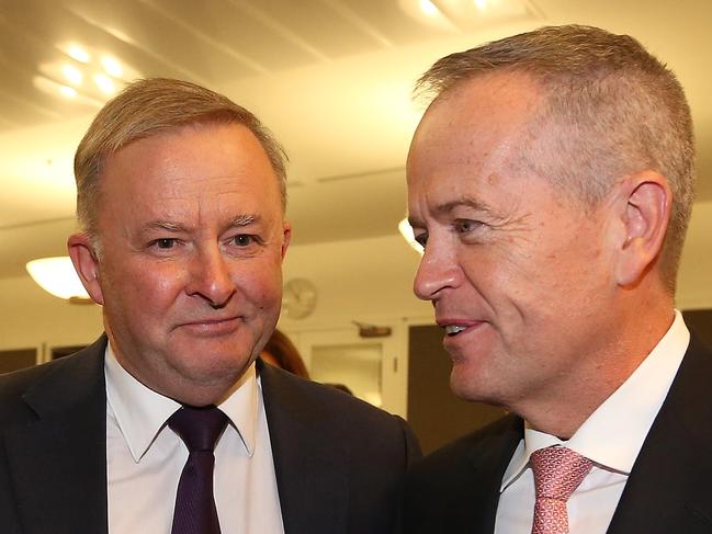 Opposition Leader Anthony Albanese and Former Leader Bill Shorten in the Labor caucus meeting at Parliament House House in Canberra. Picture Kym Smith