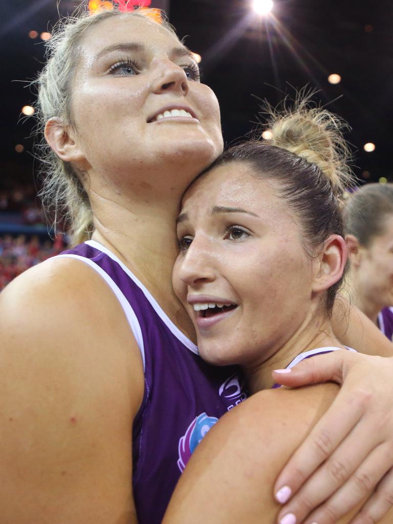 Bueta and Ravaillion celebrate after winning the 2015 Grand Final. Picture: Jono Searle