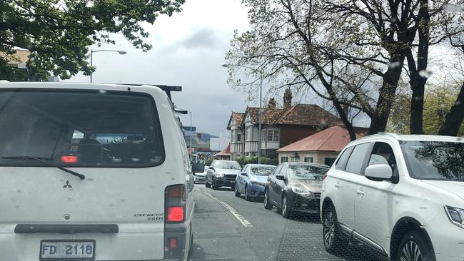 Traffic on Sandy Bay Road came to a stand still around noon on Saturday as heavy traffic and numerous lane closures led to grid lock. Picture: SUPPLIED