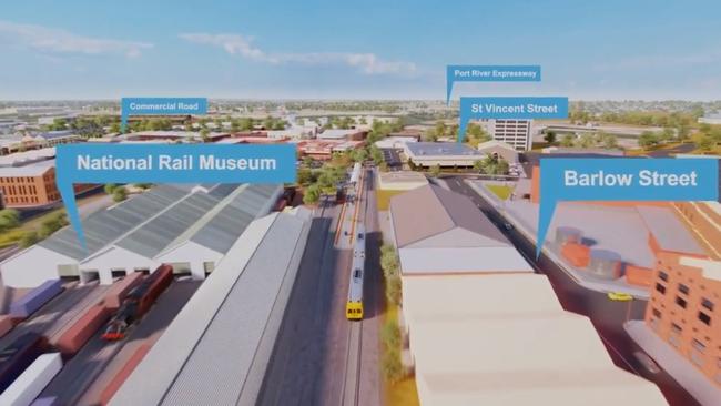 Latest Transport Department designs for the Port Adelaide spur line, with Lipson St to the left of the rail museum.