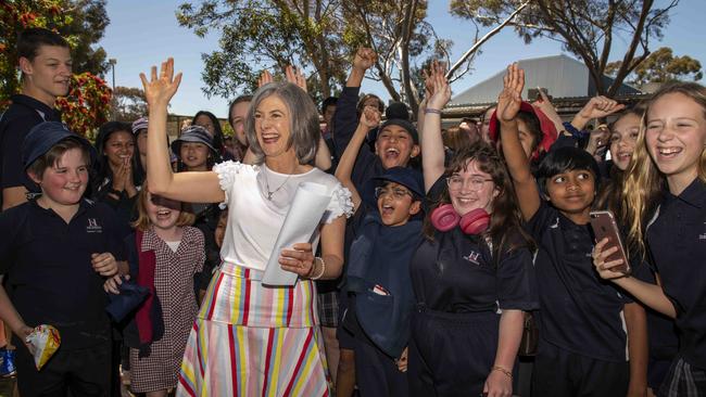 Professor Nicola Spurrier is mobbed by school kids after speaking at a press conference at The Heights School about an expansion of Covid vaccinations. Picture: NCA NewsWire / Naomi Jellicoe