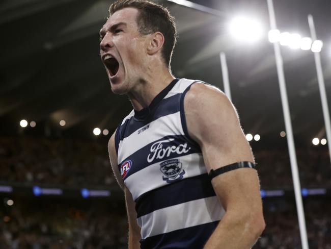 Jeremy Cameron celebrates his goal on Saturday night. Picture: Darrian Traynor/Getty Images