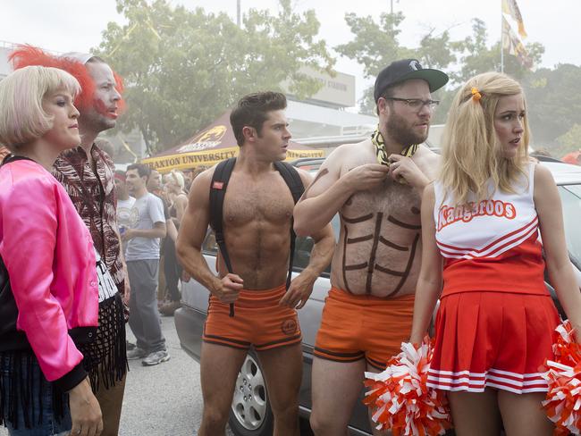 Carla Gallo, Ike Barinholtz, Zac Efron, Seth Rogen and Rose Byrne in Bad Neighbours 2: Sorority Rising. Picture: Universal Pictures via AP