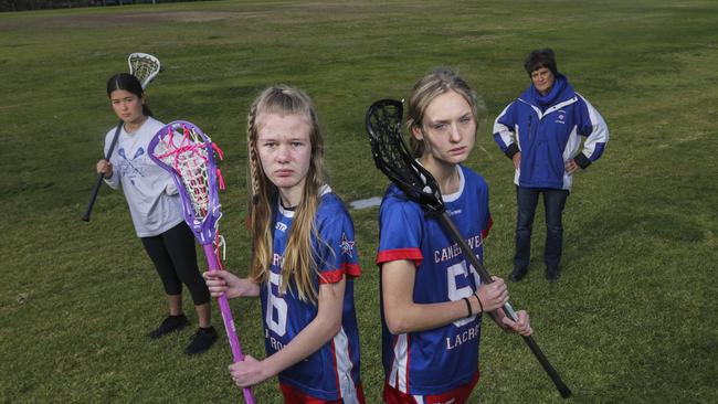 Boroondara council has voted in favour of the Dororthy Laver Reserve West proposal which will see Camberwell Lacross Club relocated. L/R Amanda Hollenkamp, Ella Jameson, Poppy Ashby and Camberwell Lacrosse Club president Jennie Easson. Picture: Wayne Taylor