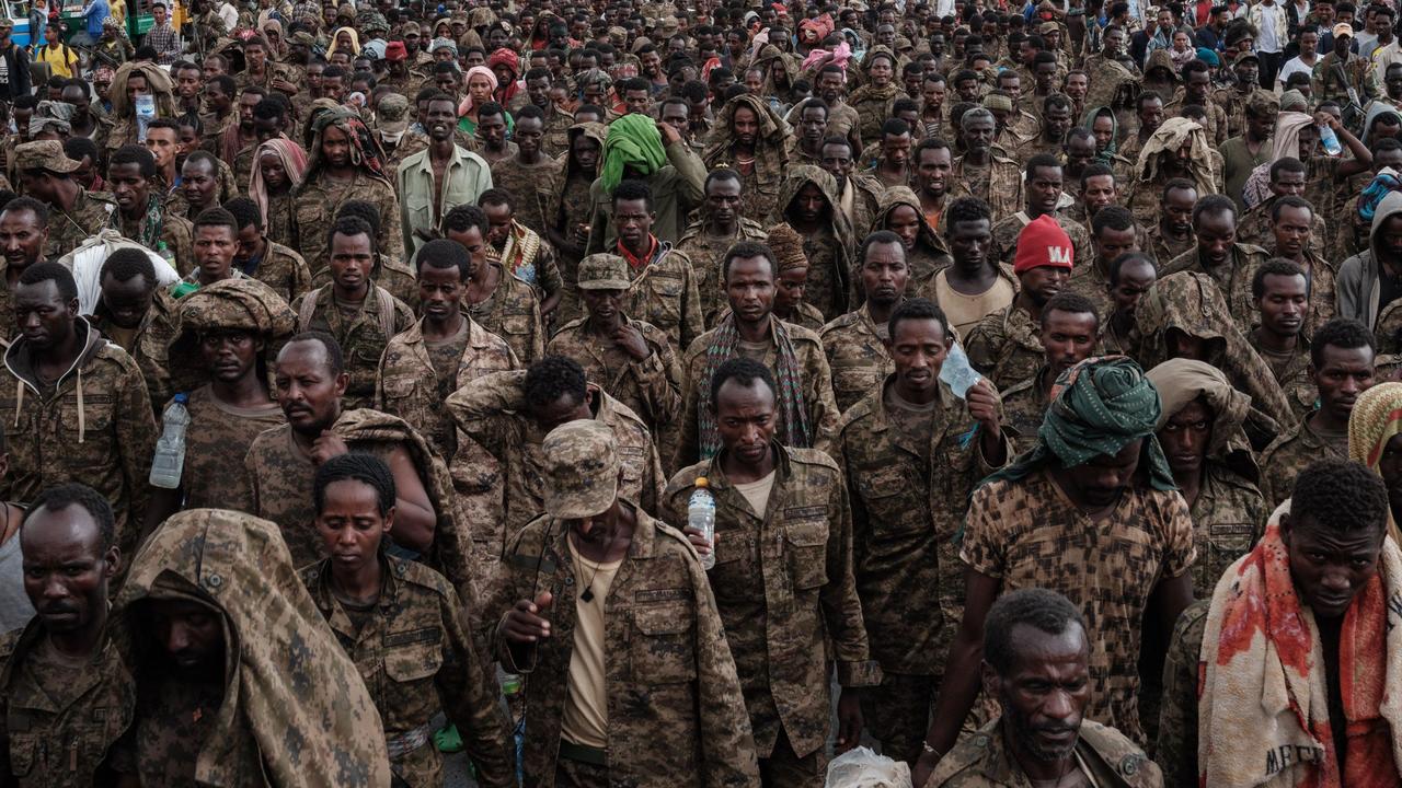 Captive Ethiopian soldiers walk towards the Mekele Rehabilitation Center in Mekele, the capital of Tigray region, Ethiopia. Picture: Yasuyoshi Chiba/AFP