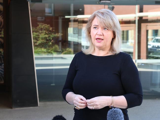 Minister for Science and Technology Madeleine Ogilvie speaks to the media outside the Executive Building in Hobart on Monday, April 3, 2023.