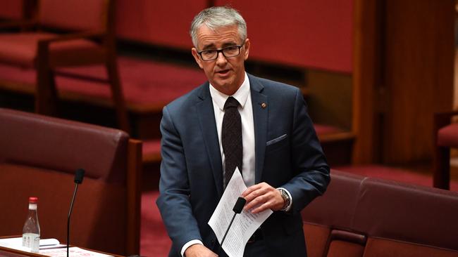 Senator Gerard Rennick makes a speech in the Senate chamber at Parliament House in Canberra. (AAP Image/Mick Tsikas)