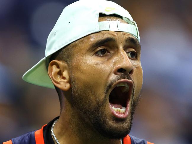 NEW YORK, NEW YORK - SEPTEMBER 06: Nick Kyrgios of Australia reacts against Karen Khachanov during their MenÃ¢â¬â¢s Singles Quarterfinal match on Day Nine of the 2022 US Open at USTA Billie Jean King National Tennis Center on September 06, 2022 in the Flushing neighborhood of the Queens borough of New York City. (Photo by Elsa/Getty Images)