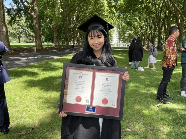 Gabrielle Jonathan graduates with a Bachelor of Arts and Master of Management at the 2024 University of Melbourne graduations. Picture: Himangi Singh