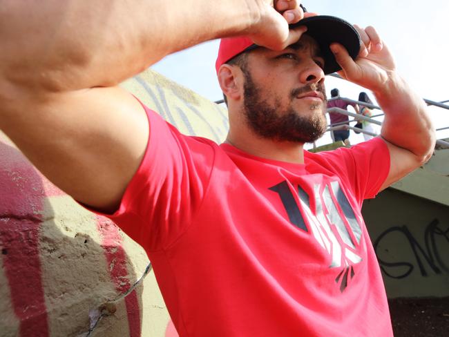 Jarryd Hayne wearing a ‘Figian eagle’ hat and shirt. Picture: Karl Larsen/Coleman-Rayner