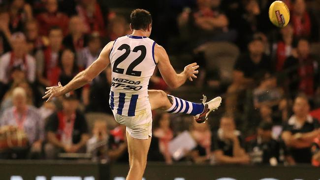 AFL: Round 7 St Kilda v North Melbourne Todd Goldstein kicks the point to put North Melbourne in front Picture: Wayne Ludbey