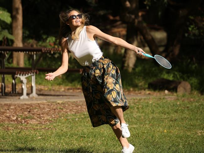 Landry plays shuttlecock at Parsley Bay on Saturday, days after the breakdown of her marriage to Anthony Bell was aired in court.