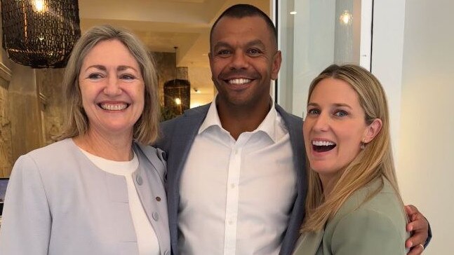 Kurtley Beale flanked by his legal team Margaret Cunneen SC (left) and Lauren MacDougall after winning the case in February. Picture: Supplied