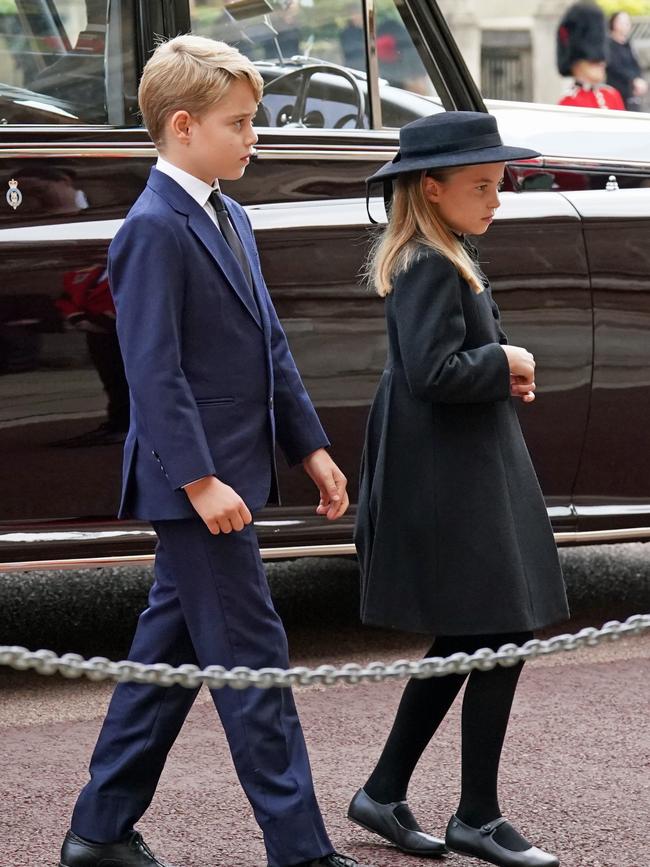 Prince George and Princess Charlotte arrive at the funeral. Picture: Kirsty O’Connor – WPA Pool/Getty Images