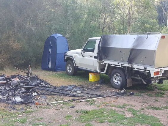 The burnt-out campsite of Russell Hill and Carol Clay. Picture: ABC