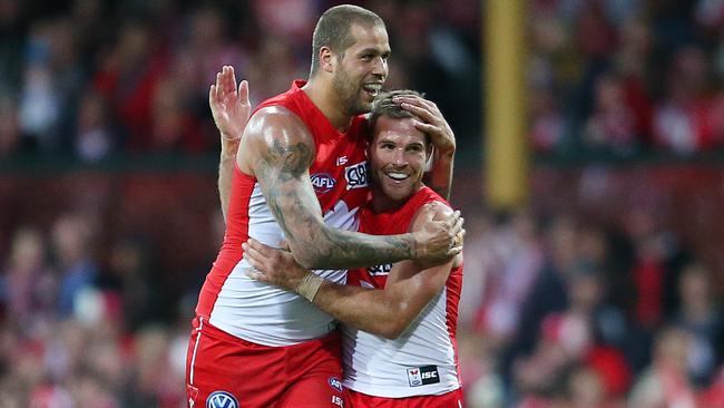 Lance Franklin and Ben McGlynn celebrate a goal against Richmond.