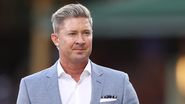 SYDNEY, AUSTRALIA - OCTOBER 29: Former Australian cricketer Michael Clarke watches on as he waits to speak on camera before the ICC Men's T20 World Cup match between New Zealand and Sri Lanka at Sydney Cricket Ground on October 29, 2022 in Sydney, Australia. (Photo by Mark Kolbe/Getty Images)