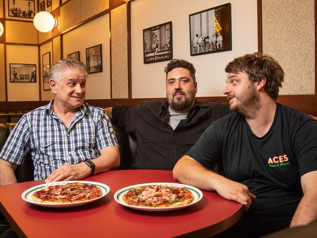 Adelaide Central Market icon Aces Pizza & Liquor has had a makeover, and is a bit of a changing of the guard or passing through the generations, from father to son. Enzo and Andrew Fantasia have brought on board superstar chef Duncan Welgemoed to being the menu to 21st century. Enzo Fantasia, Executive chef Duncan Welgemoed and Head chef Josh Lansley. Picture: Brad Fleet