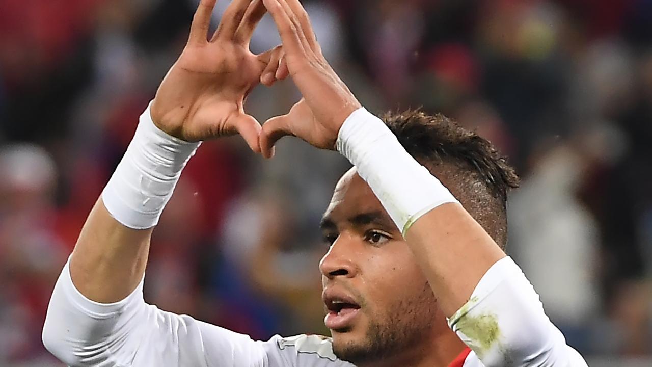 Morocco's forward Youssef En-Nesyri celebrates a goal.
