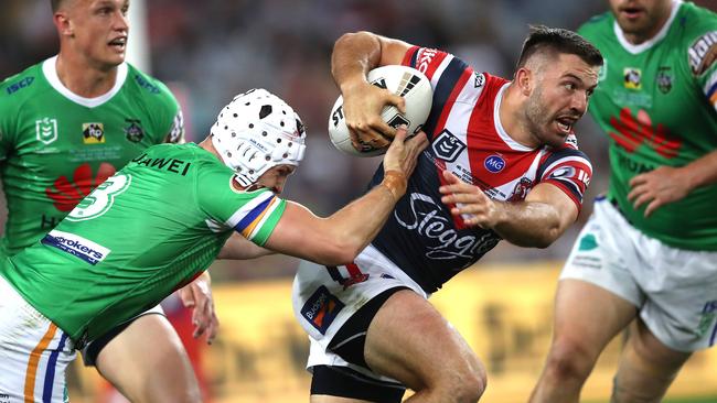 James Tedesco bursts through the Raiders defence. Picture: Phil Hillyard