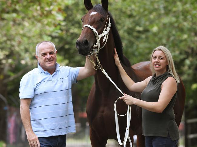 Trainer Lee Curtis and wife Cherie with Lasqueti Spirit at their Rosehill stable in Sydney. Picture: Brett Costello