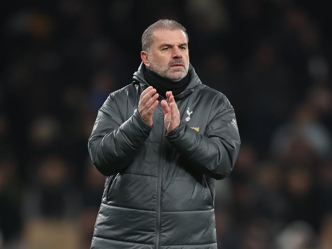 LONDON, ENGLAND - FEBRUARY 16: Tottenham Hotspur manager Ange Postecoglou applauds the fans at the final whistle during the Premier League match between Tottenham Hotspur FC and Manchester United FC at Tottenham Hotspur Stadium on February 16, 2025 in London, England. (Photo by Rob Newell - CameraSport via Getty Images)