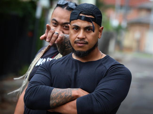 PENRITH PRESS/. L-R  Kolo Sua and District 21 rapper Jay Lekz (James Nikua) pose for photographs in Revesby on Saturday 5 December, 2020. Meeting with rap group District 21 in Revesby. 2020. (IMAGE / Angelo Velardo)