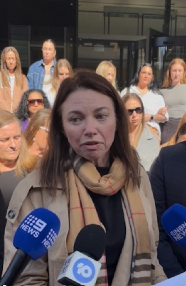 Tabitha Acret, mum of Mackenzie Anderson, talking to media outside Newcastle Supreme Court on May 2, 2025 - her daughter was fatally stabbed by Tyrone Thompson.