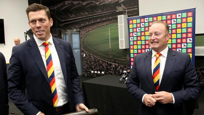 Adelaide Football Club CEO Andrew Fagan and Crows Chairman Rob Chapman in 2018. Picture: AAP Image/Kelly Barnes