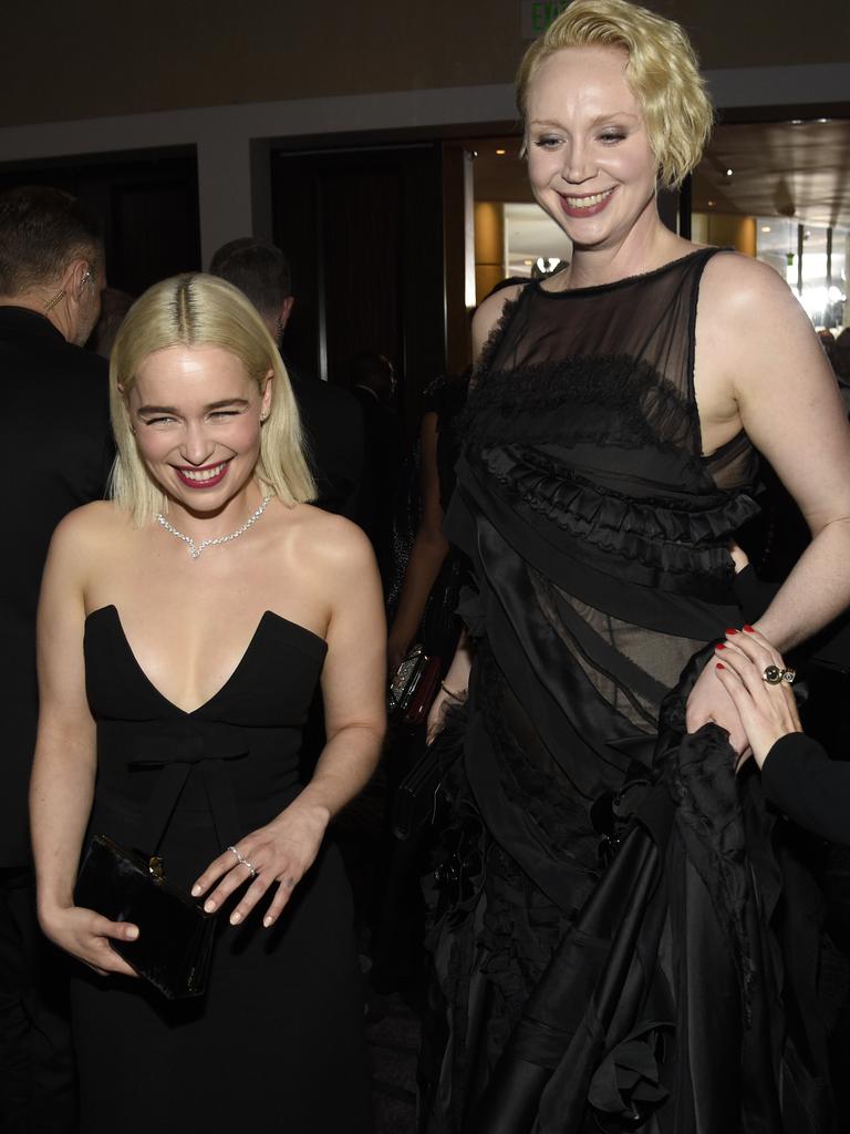 Emilia Clarke and Gwendoline Christie attend The 75th Annual Golden Globe Awards at The Beverly Hilton Hotel on January 7, 2018 in Beverly Hills, California. Picture: AP